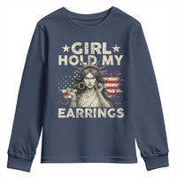 Funny Girl Hold My Earrings Youth Sweatshirt Statue of Liberty American Flag - Wonder Print Shop