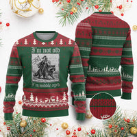 I Am Not Old I Am Middle Aged Ugly Christmas Sweater Medieval Knight Riding Raccoon Funny Ren Faire