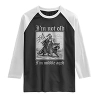 I Am Not Old I Am Middle Aged Raglan Shirt Medieval Knight Riding Raccoon Funny Ren Faire