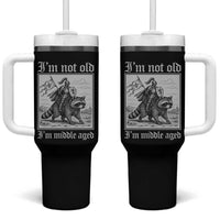 I Am Not Old I Am Middle Aged Tumbler With Handle Medieval Knight Riding Raccoon Funny Ren Faire