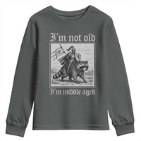 I Am Not Old I Am Middle Aged Youth Sweatshirt Medieval Knight Riding Raccoon Funny Ren Faire