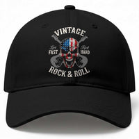 Vintage Rock and Roll Skull Guitar Rocker Baseball Cap Live Fast Rock Hard American Flag