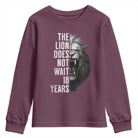 Funny The Lion Does Not Wait 18 Years Youth Sweatshirt Lion Meme Gen Z Alpha - Wonder Print Shop