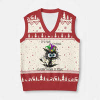 Funny Mardi Gras Cat V-Neck Knit Sweater Vest It's Fine I'm Fine Everything Is Fine Jester Hat Beads