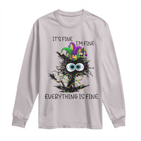 Funny Mardi Gras Cat Long Sleeve Shirt It's Fine I'm Fine Everything Is Fine Jester Hat Beads