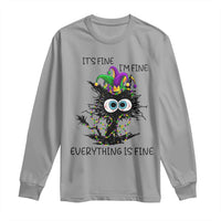 Funny Mardi Gras Cat Long Sleeve Shirt It's Fine I'm Fine Everything Is Fine Jester Hat Beads