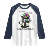 Funny Mardi Gras Cat Raglan Shirt It's Fine I'm Fine Everything Is Fine Jester Hat Beads