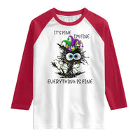 Funny Mardi Gras Cat Raglan Shirt It's Fine I'm Fine Everything Is Fine Jester Hat Beads
