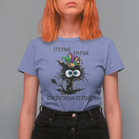 Funny Mardi Gras Cat T Shirt For Women It's Fine I'm Fine Everything Is Fine Jester Hat Beads