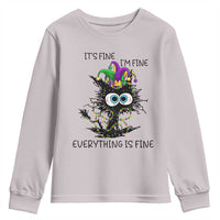 Funny Mardi Gras Cat Youth Sweatshirt It's Fine I'm Fine Everything Is Fine Jester Hat Beads