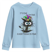 Funny Mardi Gras Cat Youth Sweatshirt It's Fine I'm Fine Everything Is Fine Jester Hat Beads