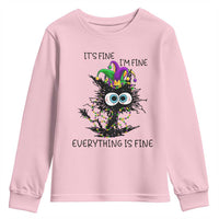 Funny Mardi Gras Cat Youth Sweatshirt It's Fine I'm Fine Everything Is Fine Jester Hat Beads