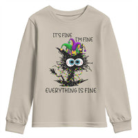 Funny Mardi Gras Cat Youth Sweatshirt It's Fine I'm Fine Everything Is Fine Jester Hat Beads