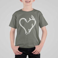Fishing And Hunting Vintage Hook Antler Heart T Shirt For Kid - Wonder Print Shop
