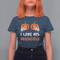 Halloween Couple Matching T Shirt For Women I Love His Broomstick Pumpkin Skeleton Hand - Wonder Print Shop