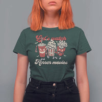 Funny Halloween T Shirt For Women Let's Watch Horror Movies Popcorn Drinks Murderer Bat - Wonder Print Shop