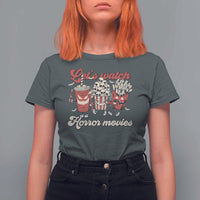 Funny Halloween T Shirt For Women Let's Watch Horror Movies Popcorn Drinks Murderer Bat - Wonder Print Shop