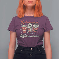 Funny Halloween T Shirt For Women Let's Watch Horror Movies Popcorn Drinks Murderer Bat - Wonder Print Shop