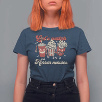 Funny Halloween T Shirt For Women Let's Watch Horror Movies Popcorn Drinks Murderer Bat - Wonder Print Shop
