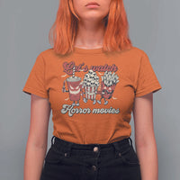 Funny Halloween T Shirt For Women Let's Watch Horror Movies Popcorn Drinks Murderer Bat - Wonder Print Shop