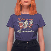 Funny Halloween T Shirt For Women Let's Watch Horror Movies Popcorn Drinks Murderer Bat - Wonder Print Shop
