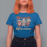 Funny Halloween T Shirt For Women Let's Watch Horror Movies Popcorn Drinks Murderer Bat - Wonder Print Shop