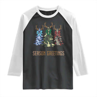 Funny Christmas Hunting Raglan Shirt Season Greetings Camouflage Xmas Tree Reindeers - Wonder Print Shop
