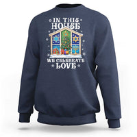 Funny Hanukkah Christmas Sweatshirt In This House We Celebrate Love Chrismukkah - Wonder Print Shop