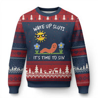 Wake Up Sluts Its Time To Sin Ugly Christmas Sweater Funny Worm Meme - Wonder Print Shop