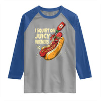 Funny I Squirt On Juicy Wieners Raglan Shirt Inappropriate Dirty Adult Humor Hot Dog Joke - Wonder Print Shop
