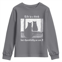 Funny Life Is A Bitch But Thankfully So Am I Youth Sweatshirt Black Cat Meme - Wonder Print Shop