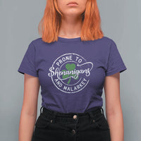 Prone To Shenanigans And Malarkey T Shirt For Women Funny St Patricks Day Irish Shamrock