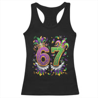 Funny 67 Mardi Gras Racerback Tank Top Six Seven Meme Carnival Hand Gesture