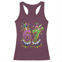 Funny 67 Mardi Gras Racerback Tank Top Six Seven Meme Carnival Hand Gesture