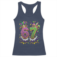 Funny 67 Mardi Gras Racerback Tank Top Six Seven Meme Carnival Hand Gesture