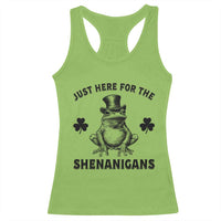 Funny St Patrick's Day Just Here For The Shenanigans Racerback Tank Top Frog Shamrock