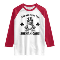 Funny St Patrick's Day Just Here For The Shenanigans Raglan Shirt Frog Shamrock