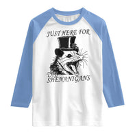 Funny St Patrick's Day Opossum Raglan Shirt Just Here For The Shenanigans Shamrock