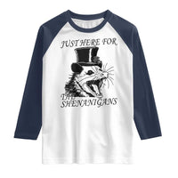 Funny St Patrick's Day Opossum Raglan Shirt Just Here For The Shenanigans Shamrock