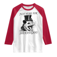 Funny St Patrick's Day Opossum Raglan Shirt Just Here For The Shenanigans Shamrock