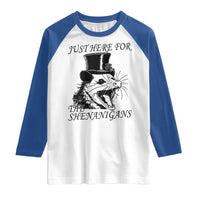 Funny St Patrick's Day Opossum Raglan Shirt Just Here For The Shenanigans Shamrock