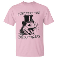 Funny St Patrick's Day Opossum T Shirt Just Here For The Shenanigans Shamrock