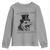 Funny St Patrick's Day Opossum Youth Sweatshirt Just Here For The Shenanigans Shamrock