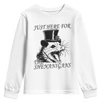 Funny St Patrick's Day Opossum Youth Sweatshirt Just Here For The Shenanigans Shamrock
