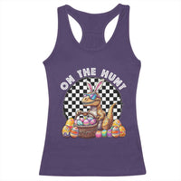 Funny Easter Day Dinosaur Bunny Racerback Tank Top On The Hunt Egg Hunting