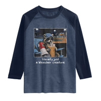 Baseball Raccoon Literally Just a Bleacher Creature Raglan Shirt Funny Trash Panda Drinking Iced Coffee Ballfield