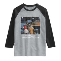 Baseball Raccoon Literally Just a Bleacher Creature Raglan Shirt Funny Trash Panda Drinking Iced Coffee Ballfield