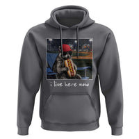 Baseball Raccoon I Live Here Now Hoodie Funny Trash Panda Eating Hot Dog Ballfield