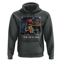 Baseball Raccoon I Live Here Now Hoodie Funny Trash Panda Eating Hot Dog Ballfield