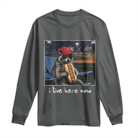 Baseball Raccoon I Live Here Now Long Sleeve Shirt Funny Trash Panda Eating Hot Dog Ballfield